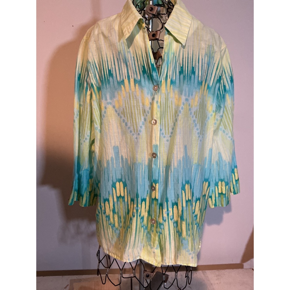 Alfred Dunner Women 14 Blue Green Ikat Print Cotton Button Up 3/4 Sleeve Shirt‎